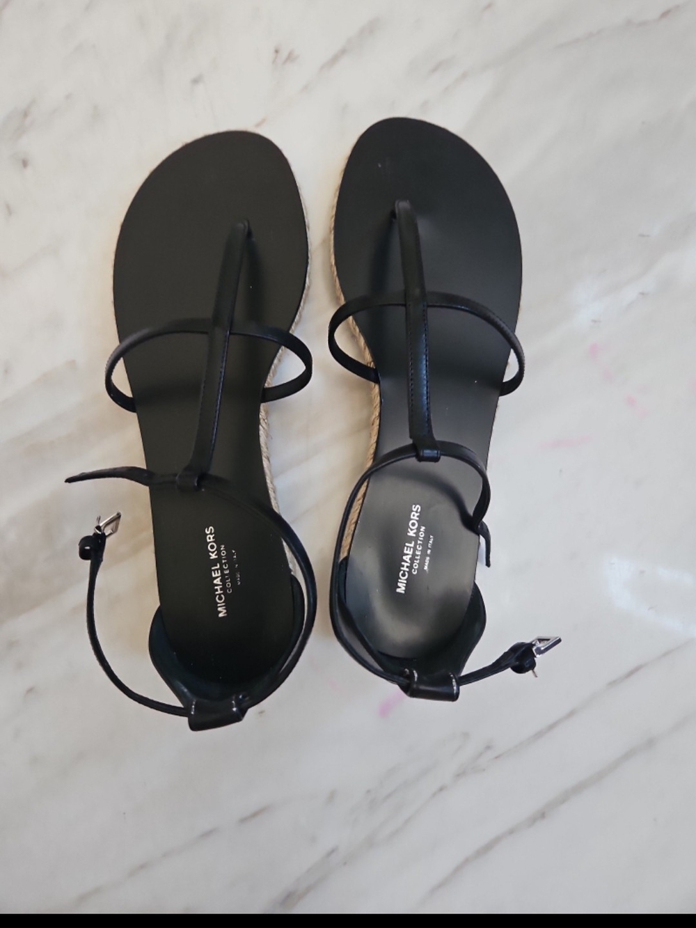 Michael Kors Black Leather T-Strap Ankle Strap Sandals